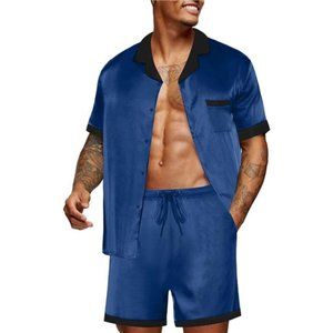 Men Satin Silk Pajamas Set with Pockets Navy Blue